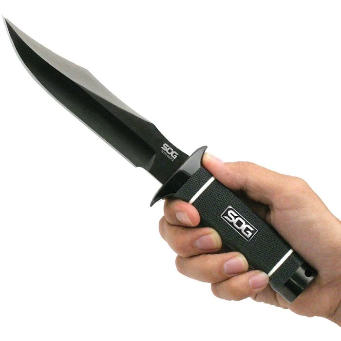 SOGS10BK 11" overall. 6 3/8" AUS-8 stainless blade with black TiNi coating. Black Kraton handle. Black TiNi coated steel guard and pommel. Kydex sheath.