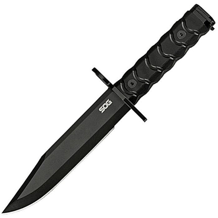 SOGBY1004BX 12.25" (31.12cm) overall. 17.13" (43.51cm) black PVD coated AUS-8 stainless clip point blade. Black G10 handle. Stainless guard and pommel. Integrated AR-compatible barrel ring. Black Kydex belt sheath.