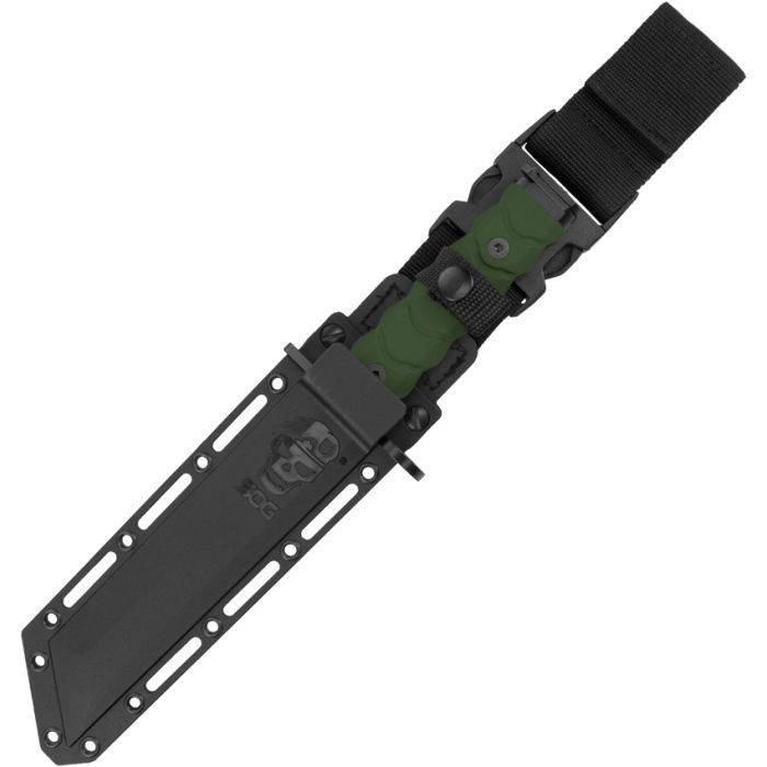 SOGBY1002BX 12.25" (31.12cm) overall. 7.13" (18.11cm) black PVD coated AUS-8 stainless tanto blade. OD green G10 handle. Stainless guard and pommel. Integrated AR-compatible barrel ring. Black Kydex belt sheath.
