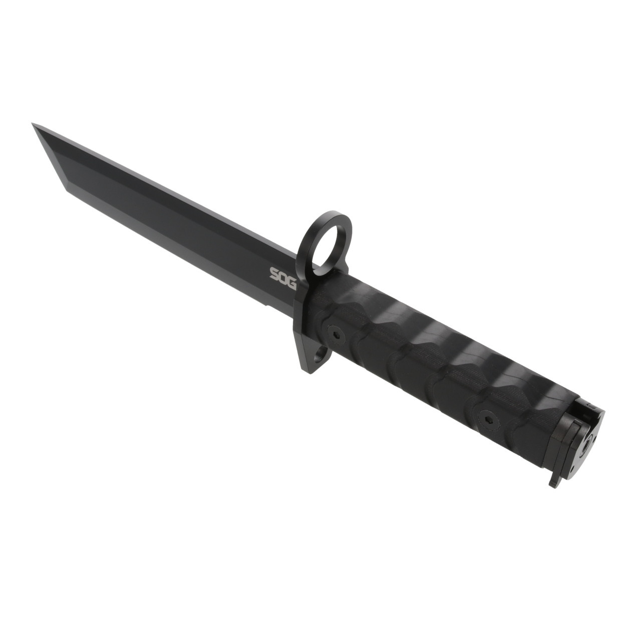 SOGBY1001BX 12.25" (31.12cm) overall. 7" (17.78cm) black oxide coated AUS-8 stainless tanto blade. Black sculpted G10 handle. Steel guard and pommel. Black injection molded belt sheath.
