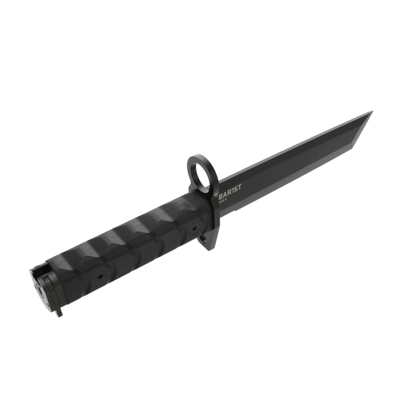 SOGBY1001BX 12.25" (31.12cm) overall. 7" (17.78cm) black oxide coated AUS-8 stainless tanto blade. Black sculpted G10 handle. Steel guard and pommel. Black injection molded belt sheath.