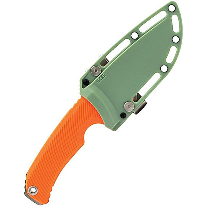 SOG17060343 9" (22.86cm) overall. 4.25" (10.8cm) stonewash finish 440 stainless blade. Orange textured GRN handle. Full tang. Lanyard hole. Adjustable UMS compatible sheath. Green nylon belt sheath. Clam packed.