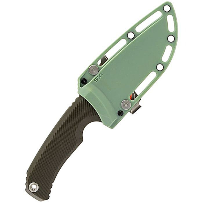 SOG17060143 9" (22.86cm) overall. 4.25" (10.8cm) stonewash finish 440 stainless blade. OD green textured GRN handle. Full tang. Lanyard hole. Green nylon belt sheath. Clam packed.