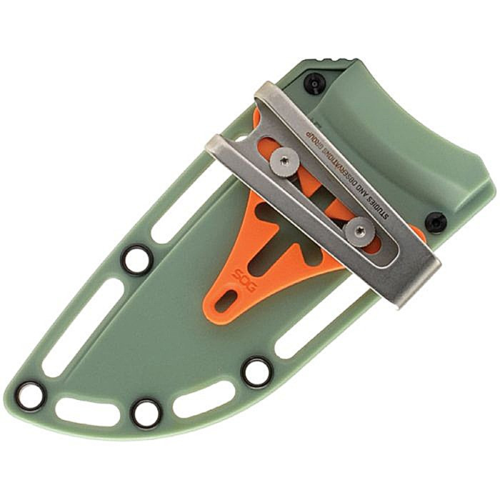 SOG17060143 9" (22.86cm) overall. 4.25" (10.8cm) stonewash finish 440 stainless blade. OD green textured GRN handle. Full tang. Lanyard hole. Green nylon belt sheath. Clam packed.