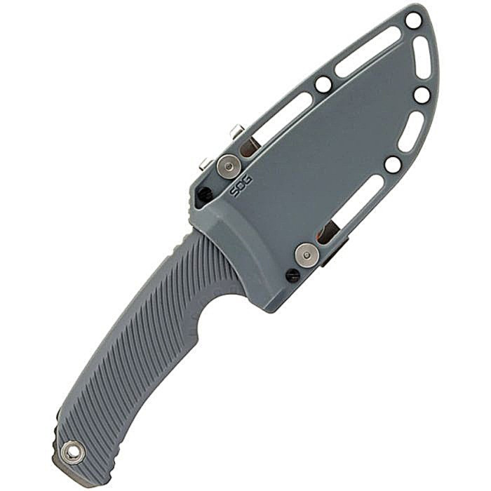 SOG17060243 9" (22.86cm) overall. 4.25" (10.8cm) stonewash finish 440 stainless blade. Wolf gray textured GRN handle. Full tang. Lanyard hole. Green nylon belt sheath. Clam packed.
