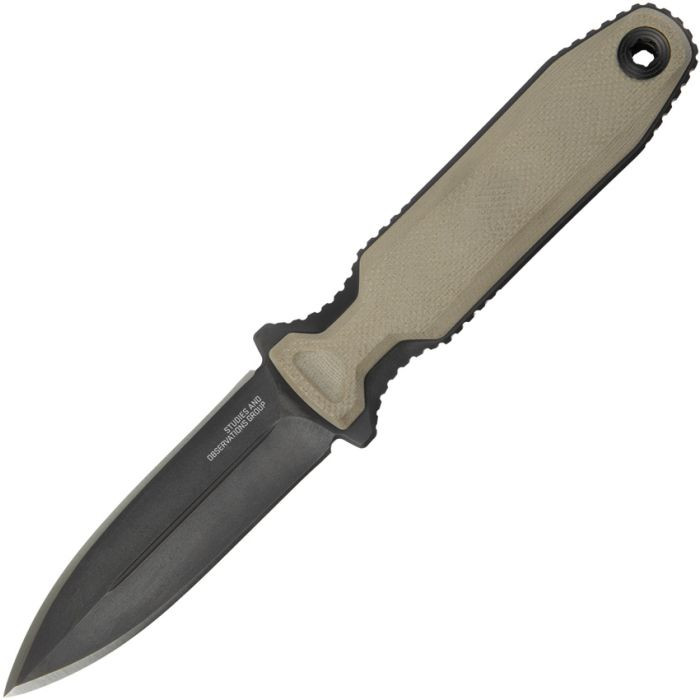 SOG17610457 7.5" (19.05cm) overall. 3.5" (8.89cm) black TiNi coated S35VN stainless blade. Flat Dark Earth G10 handle. Fully ambidextrous carry. Handles are removable. Universal mounting system. GRN MOLLE compatible belt sheath.