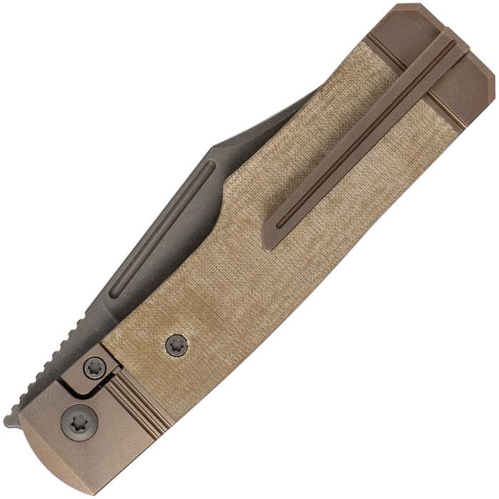 JW54380 4.13" (10.49cm) closed. 3.25" (8.26cm) acid washed finish S90V steel clip point blade. Green linen micarta handle. Titanium bolster(s).