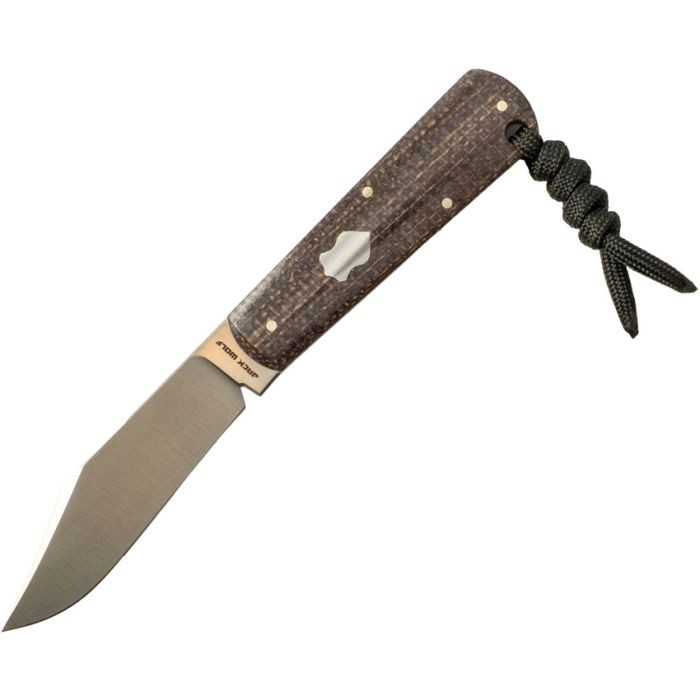 JW54393 6" (15.24cm) overall. 3" (7.62cm) satin finish 14C28N Sandvik stainless clip point blade. Full tang. Lanyard hole. Inlay shield. Vibe Composites Jute Bison handle. Black Kydex belt sheath.