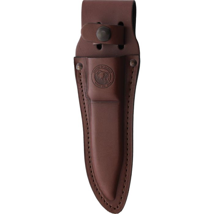 KOA00178FG 8.5" (21.59cm) overall. 3.25" (8.26cm) bead blast finish D2 tool steel guthook blade. Orange SureGrip handle. Full tang. Brown leather belt sheath