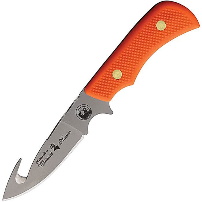 KOA00178FG 8.5" (21.59cm) overall. 3.25" (8.26cm) bead blast finish D2 tool steel guthook blade. Orange SureGrip handle. Full tang. Brown leather belt sheath