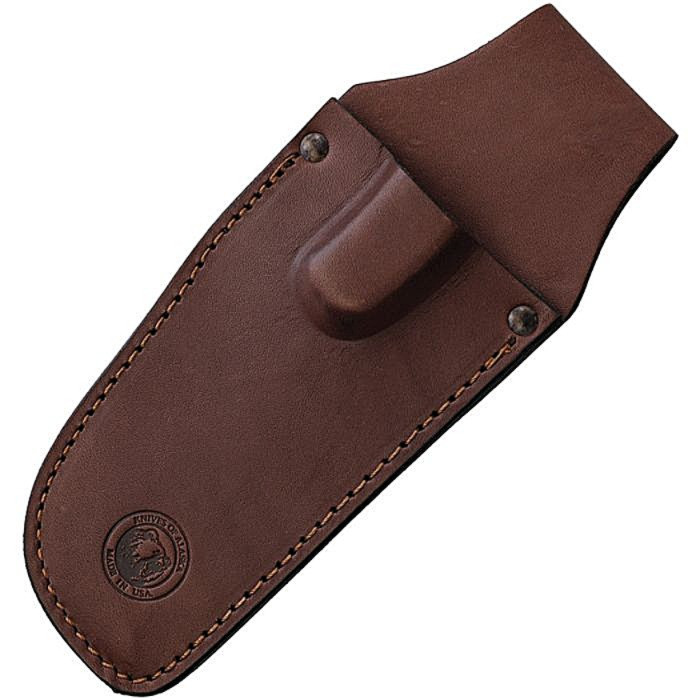 KOA00033FG 7.5" (19.05cm) overall. 3.5" (8.89cm) bead blast finish D2 tool steel guthook blade. Orange SureGrip handle. Full tang. Lanyard hole. Brown leather belt sheath.