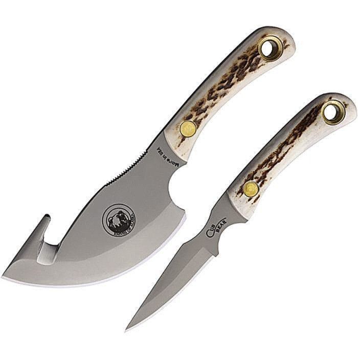 KOA00013FG Bead blast finish D2 tool steel blade. Stag bone handle. Full tang. Lanyard hole. Includes: 7.5" overall Light Hunter with 4" guthook blade; 6.75" overall Cub with 3" blade. Brown leather belt sheath.