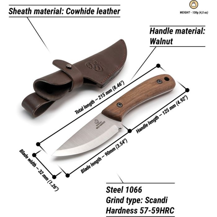BVRBSH7 8.5" (21.59cm) overall. 3.5" (8.89cm) satin finish Scandi grind 1066 carbon steel blade. Walnut handle. Full tang. Lanyard hole. Brown leather belt sheath.