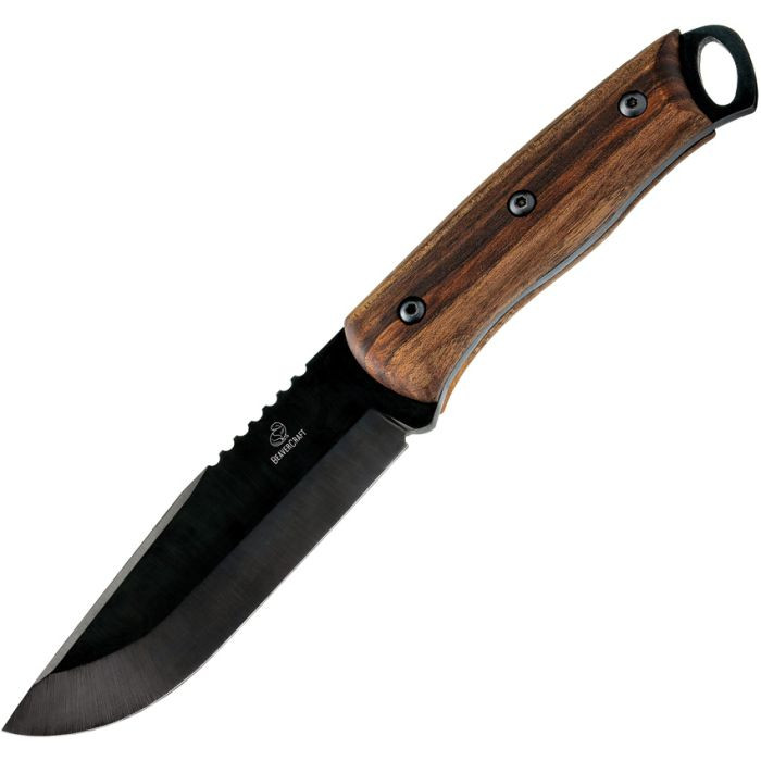 BVRBSH4 9.88" (25.1cm) overall. 5" (12.7cm) black coated 1066 carbon steel blade. Walnut handle. Full, extended tang. Lanyard hole. Brown leather belt sheath.