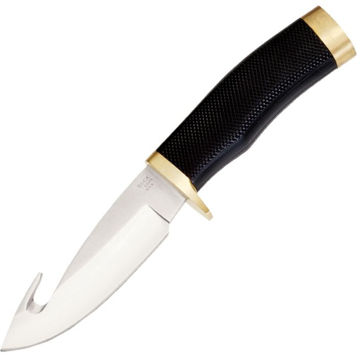 BU691 8.75" (22.23cm) overall. 4.13" (10.49cm) 420HC stainless guthook blade. Black textured rubber handle. Brass guard and pommel. Black nylon belt sheath.