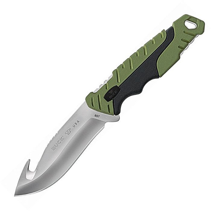 BU657GRG 9.5" overall. 4.5" satin finish 420HC stainless guthook blade. Black glass filled nylon handle with green Versaflex onlay. Full tang. Lanyard hole. Black polyester belt sheath.