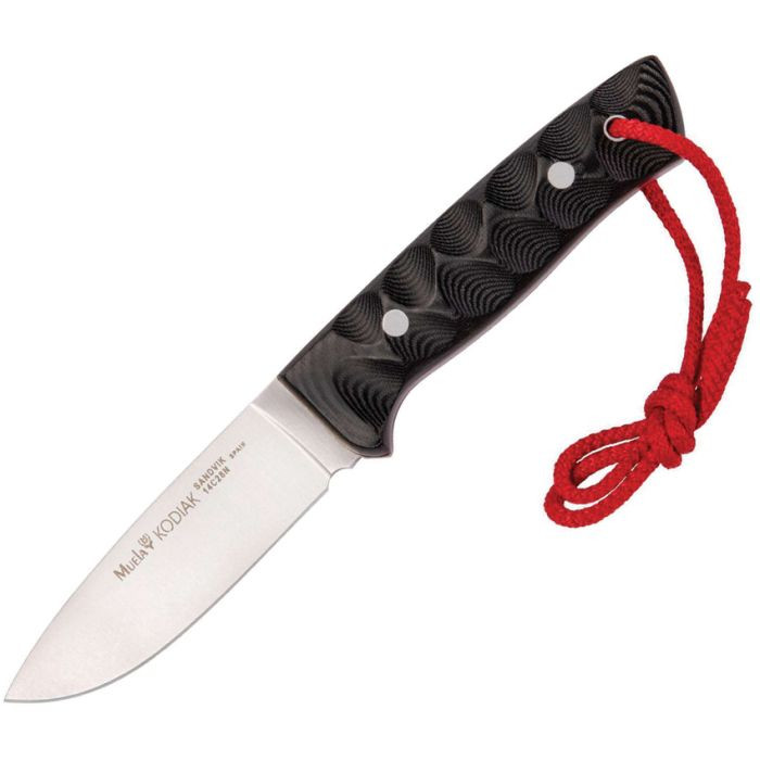 MU083 8.5" (21.59cm) overall. 4.13" (10.49cm) satin finish 14C28N Sandvik stainless drop point blade. Black sculpted micarta handle. Full tang. Lanyard hole. Black leather belt sheath.