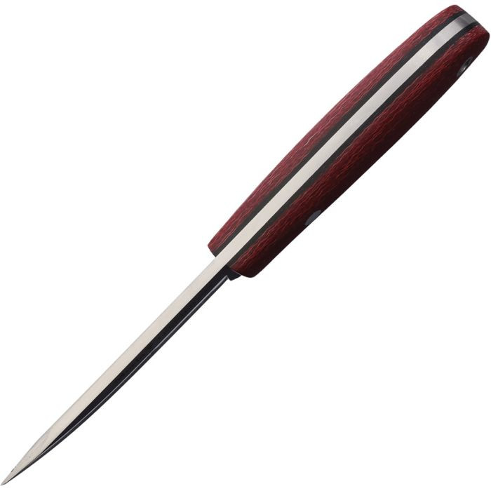 MUE98562 7.5" (19.05cm) overall. 3.5" (8.89cm) satin finish 14C28N Sandvik stainless blade. Raspberry jute micarta handle. Full tang. Lanyard hole. Black Kydex belt sheath.