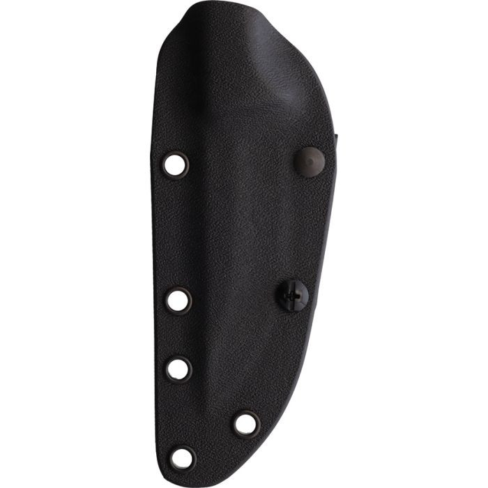 MUE98562 7.5" (19.05cm) overall. 3.5" (8.89cm) satin finish 14C28N Sandvik stainless blade. Raspberry jute micarta handle. Full tang. Lanyard hole. Black Kydex belt sheath.