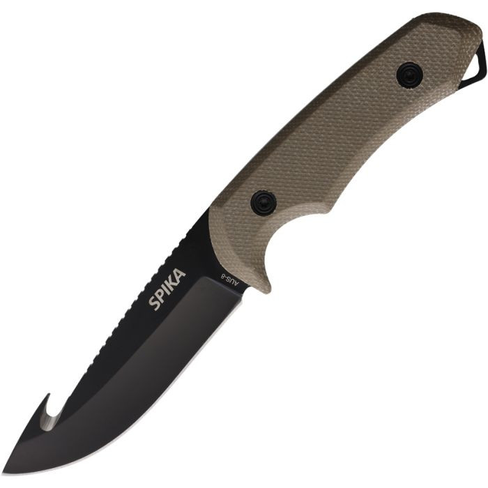 SPIKCHGH010 8" (20.32cm) overall. 3.75" (9.53cm) black stonewash finish AUS-8 stainless guthook blade. Green canvas micarta handle. Full, extended tang. Lanyard hole. Black Kydex belt sheath.