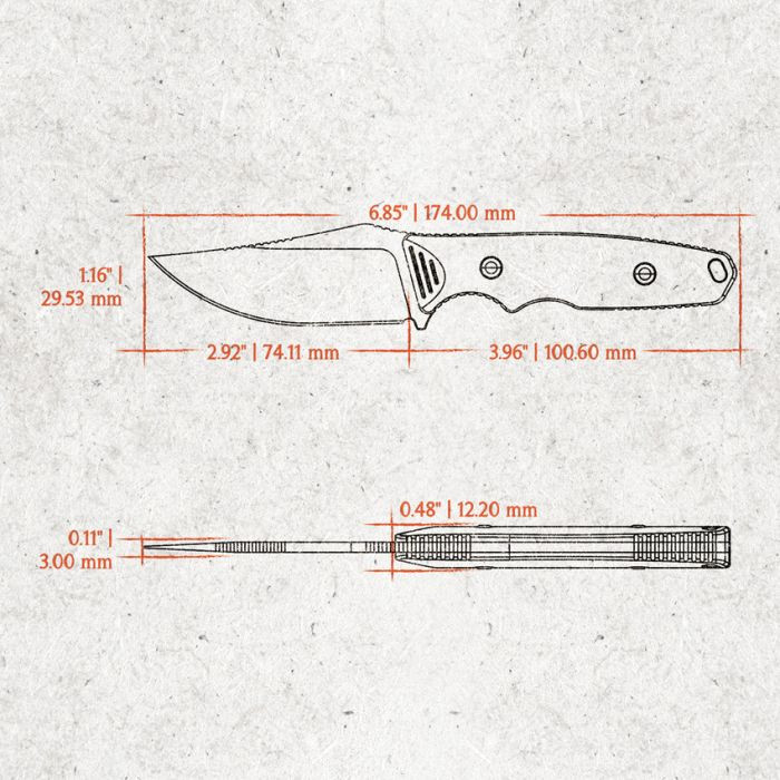 VOSD0406 6.88" (17.48cm) overall. 3" (7.62cm) stonewash finish Nitro V steel clip point blade. Copper raindrop micarta handle. Full tang. Lanyard hole. S. O. A. R. Clip. Black Kydex belt sheath.