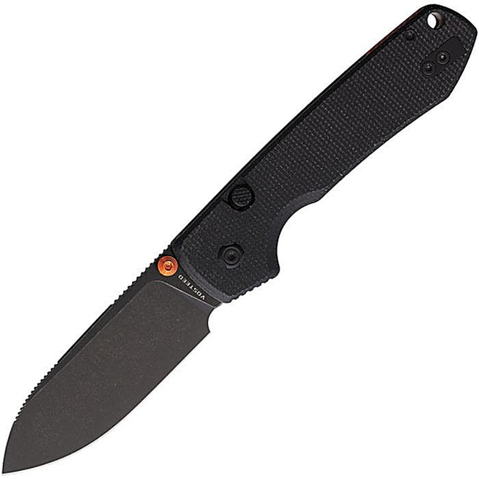 VOSA2902 4.38" (11.13cm) closed. 3.25" (8.26cm) black stonewash finish 14C28N Sandvik stainless blade. Black canvas micarta handle. Thumb stud. Lanyard hole. Pocket clip. Black nylon zippered storage case.