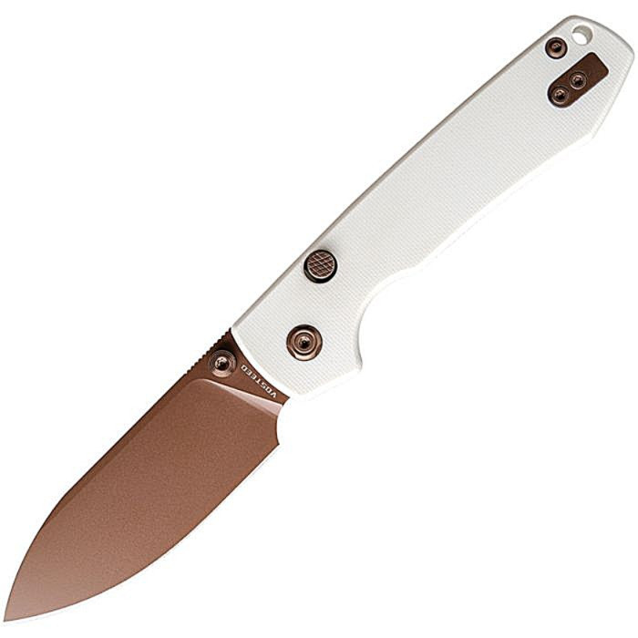 VOSA2913 4.38" (11.13cm) closed. 3.25" (8.26cm) 14C28N Sandvik stainless drop point blade. White G10 handle. Thumb stud. Lanyard hole. Pocket clip. Copper Dune finish blade.