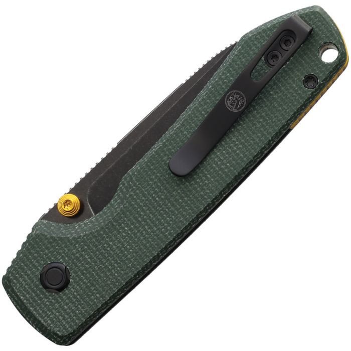 VOSA2901 4.38" (11.13cm) closed. 3.25" (8.26cm) black stonewash finish 14C28N Sandvik stainless blade. Green canvas micarta handle. Thumb stud. Lanyard hole. Pocket clip. Black nylon zippered storage case.