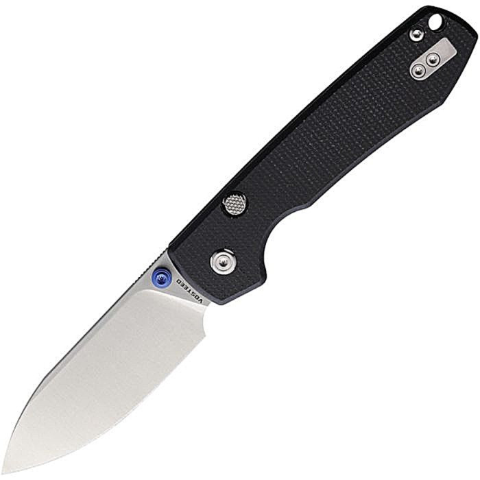 VOSA2903 4.38" (11.13cm) closed. 3.25" (8.26cm) satin finish 14C28N Sandvik stainless blade. Black canvas micarta handle. Thumb stud. Lanyard hole. Pocket clip. Black nylon zippered storage case.