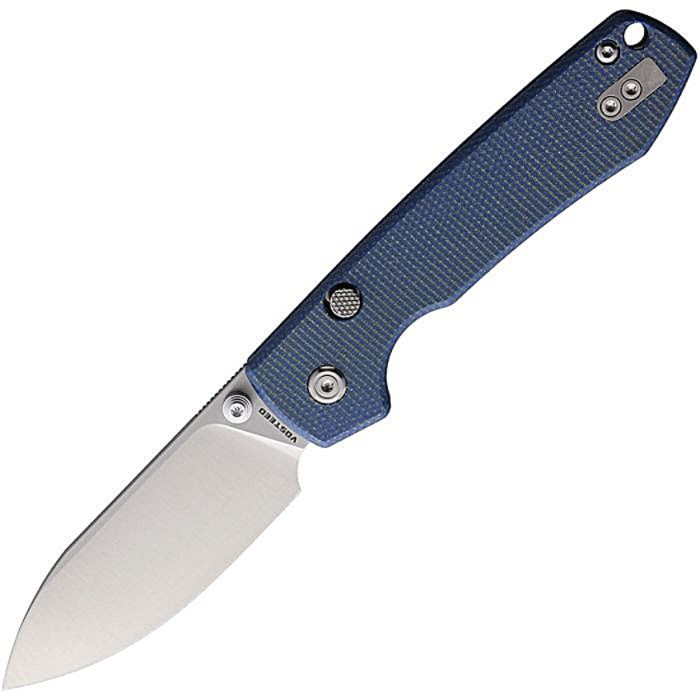 VOSA2905 4.38" (11.13cm) closed. 3.25" (8.26cm) satin finish 14C28N Sandvik stainless blade. Blue canvas micarta handle. Thumb stud. Lanyard hole. Pocket clip. Black nylon zippered storage case.