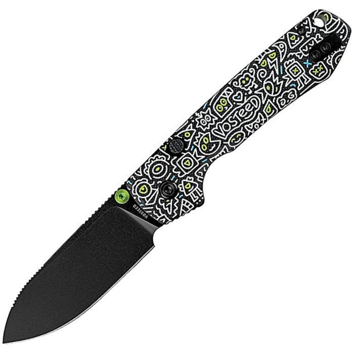 VOSA2934 4.38" (11.13cm) closed. 3.25" (8.26cm) black stonewash finish 14C28N Sandvik stainless drop point blade. Doodle Monster G10 handle. Thumb stud. Lanyard hole. Pocket clip. Black nylon zippered storage case.