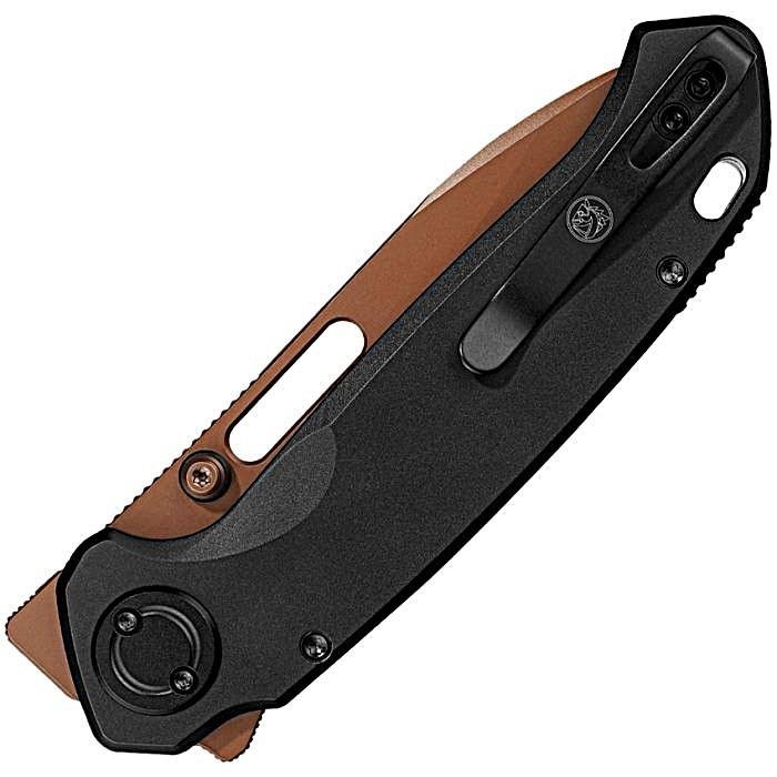 VOSA4601 4.75" (12.07cm) closed. 3.38" (8.59cm) flat ground S35VN stainless drop point blade. Black aluminum handle. Thumb pull. Thumb stud. Lanyard hole. Pocket clip. Extended tang. Copper Dune finish blade. Black nylon zippered storage case.