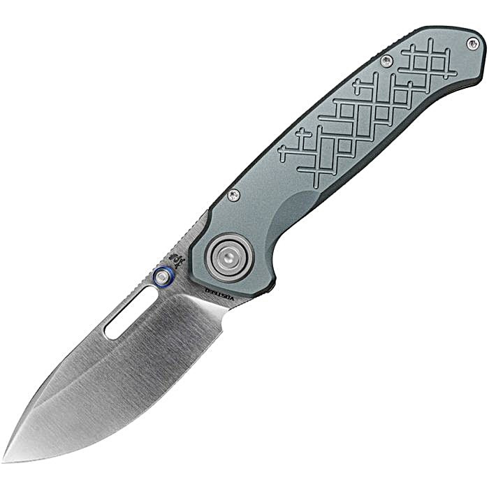 VOSA4605 4.75" (12.07cm) closed. 3.38" (8.59cm) satin finish flat ground S35VN stainless drop point blade. Gray aluminum handle. Thumb pull. Thumb stud. Lanyard hole. Pocket clip. Extended tang. Black nylon zippered storage case