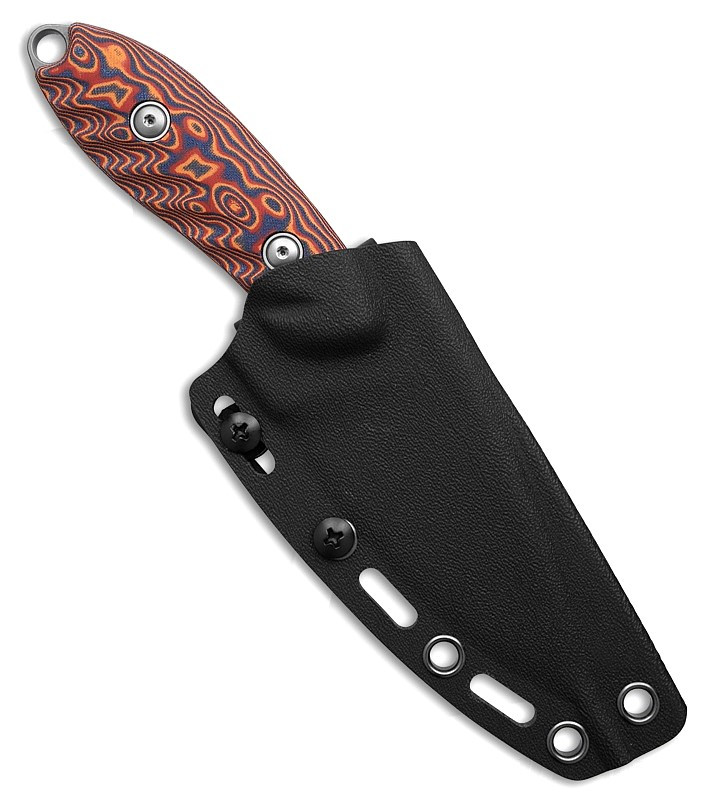VOSD0803 7.38" (18.75cm) overall. 3.5" (8.89cm) stonewash finish 14C28N Sandvik stainless drop point blade. Raindrop micarta handle. Full, extended tang. Lanyard hole. S. O. A. R. Clip. Black Kydex belt sheath.