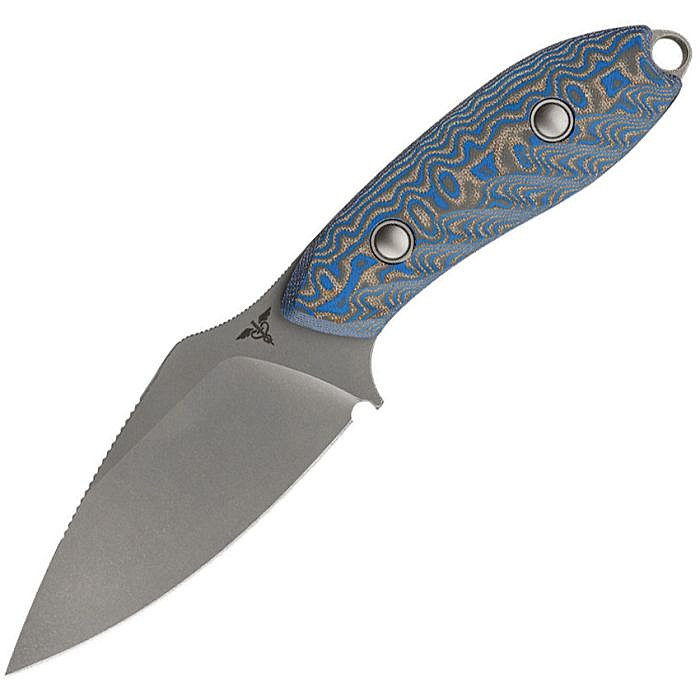 VOSD0802 7.38" (18.75cm) overall. 3.5" (8.89cm) stonewash finish 14C28N Sandvik stainless drop point blade. Blue Ocean micarta handle. Full, extended tang. Lanyard hole. S. O. A. R. Clip. Black Kydex belt sheath.