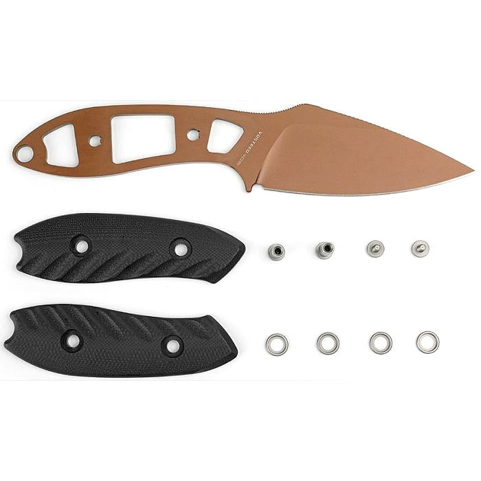 VOSD0801 7.38" (18.75cm) overall. 3.5" (8.89cm) flat ground 14C28N Sandvik stainless drop point blade. Black G10 handle. Full, extended tang. Lanyard hole. Copper Dune finish blade. S. O. A. R. Clip. Black Kydex belt sheath.