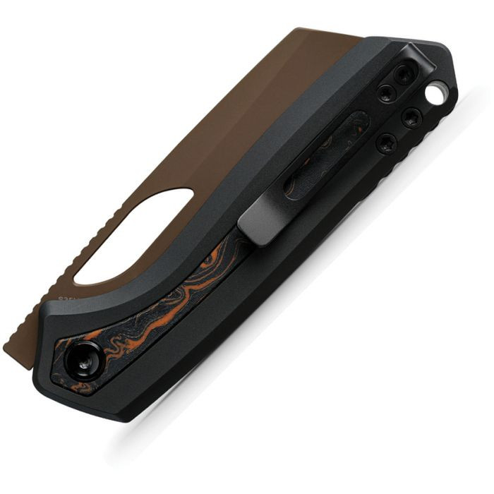 VOSA1802 4" (10.16cm) closed. 3" (7.62cm) flat ground S35VN stainless sheepsfoot blade. Black aluminum handle with Topo G10 inlay. Thumb pull. Lanyard hole. Pocket clip. Copper Dune finish blade. Black nylon zippered storage case.