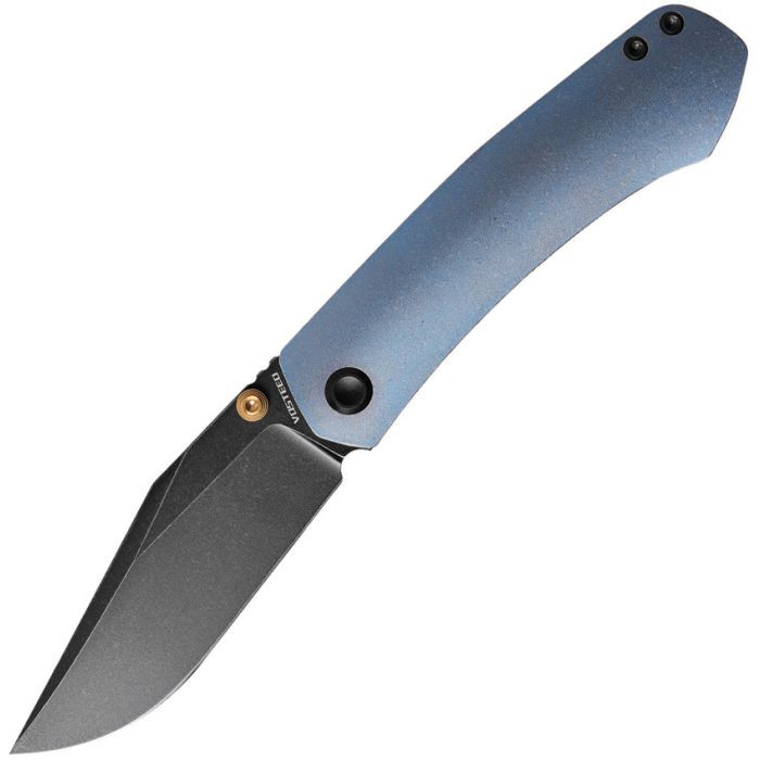 VOSA2102 3.88" (9.86cm) closed. 3" (7.62cm) black stonewash finish S35VN stainless clip point blade. Blue stonewash finish titanium handle. Thumb stud. Pocket clip. Extended tang.