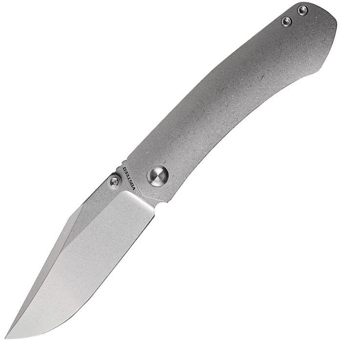 VOSA2101 3.88" (9.86cm) closed. 3" (7.62cm) stonewash finish S35VN stainless clip point blade. Stonewash finish titanium handle. Thumb stud. Pocket clip. Extended tang.