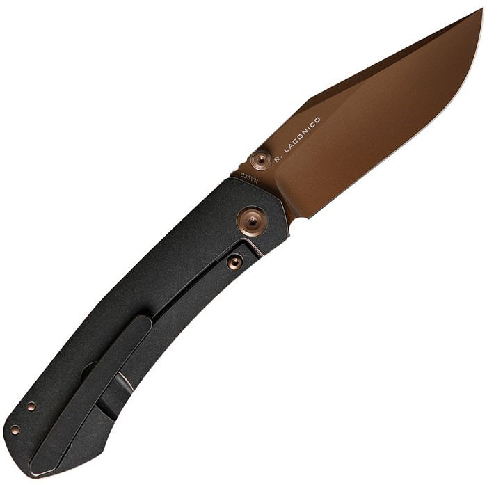 VOSA2103 3.88" (9.86cm) closed. 3" (7.62cm) S35VN stainless clip point blade. Black stonewash finish titanium handle. Thumb stud. Pocket clip. Extended tang. Copper Dune finish blade.