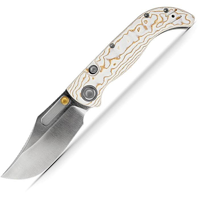 VOSA3906 4.5" (11.43cm) closed. 3.5" (8.89cm) satin finish S35VN stainless clip point blade. Ivory Drift bamboo micarta handle. Pocket clip. Thumb stud. Black nylon zippered storage case.