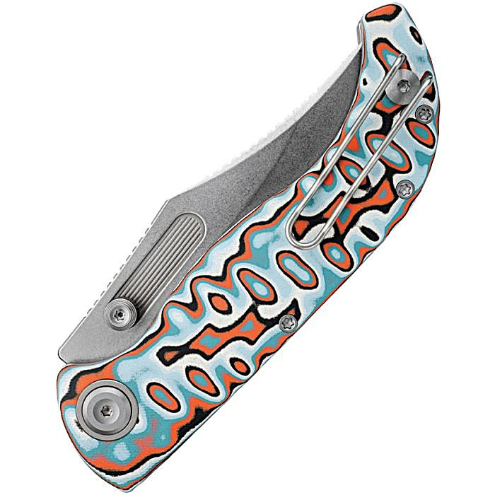 VOSA3908 4.5" (11.43cm) closed. 3.5" (8.89cm) stonewash finish S35VN stainless clip point blade. Canyon Current bamboo micarta handle. Pocket clip. Thumb stud. Black nylon zippered storage case.
