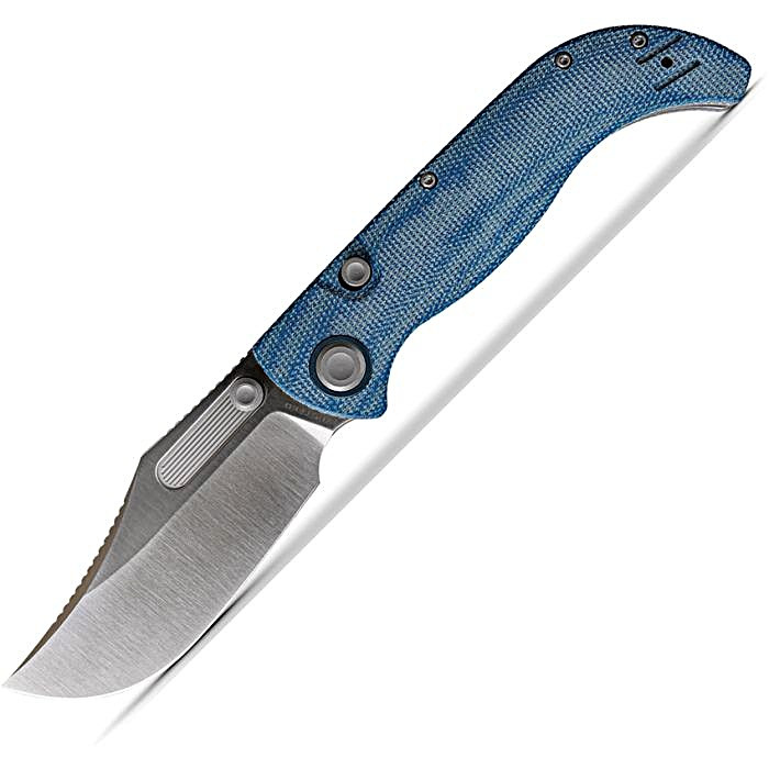 VOSA3901 4.5" (11.43cm) closed. 3.5" (8.89cm) satin finish S35VN stainless clip point blade. Norplex UltreX micarta handle. Pocket clip. Thumb stud. Blue handle. Black nylon zippered storage case.