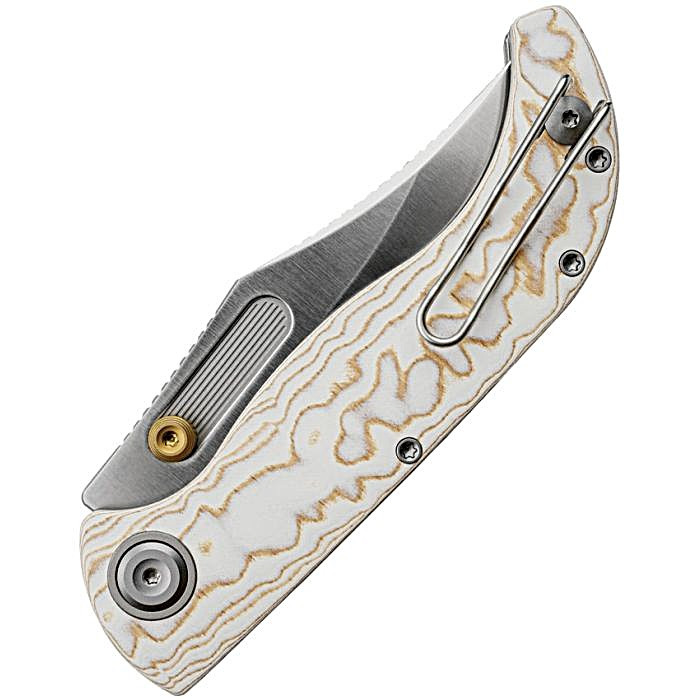 VOSA3906 4.5" (11.43cm) closed. 3.5" (8.89cm) satin finish S35VN stainless clip point blade. Ivory Drift bamboo micarta handle. Pocket clip. Thumb stud. Black nylon zippered storage case.