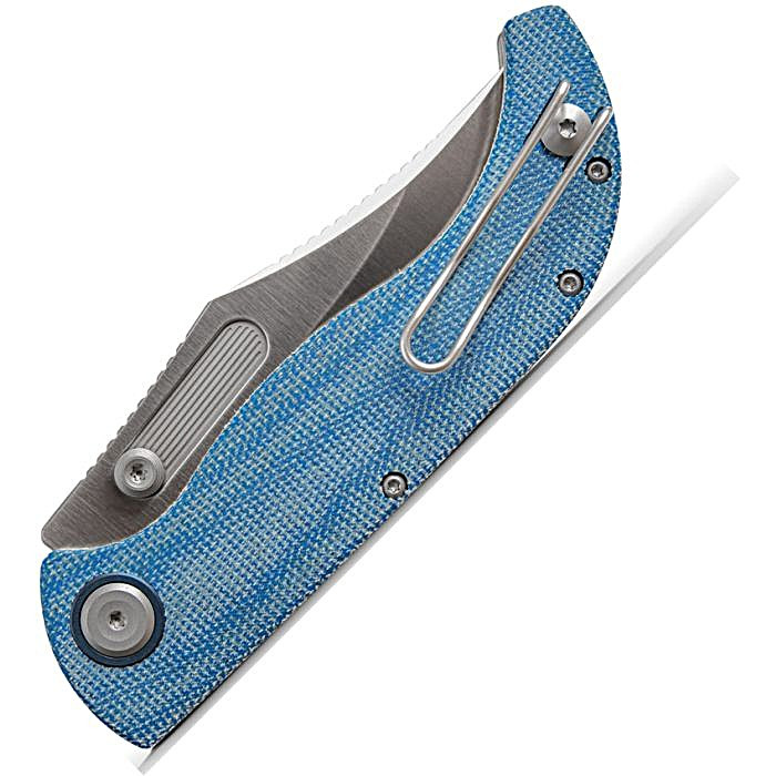 VOSA3901 4.5" (11.43cm) closed. 3.5" (8.89cm) satin finish S35VN stainless clip point blade. Norplex UltreX micarta handle. Pocket clip. Thumb stud. Blue handle. Black nylon zippered storage case.