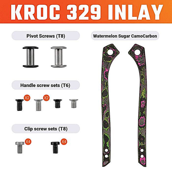 VOSW0201 ncludes: (2) Pivot screws (black, gray); (2) T6 Handle screw sets (Black, Gray); (2) T8 clip screw sets (Black, Gray); (1) Pair inlays. Carbon fiber construction. Color: Watermelon Sugar Camo.