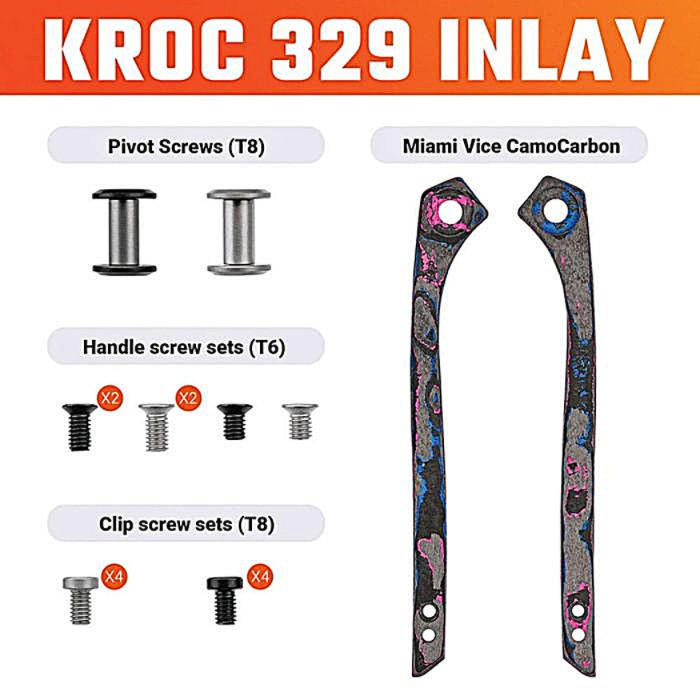 VOSW0205 Includes: (2) Pivot screws (black, gray); (2) T6 Handle screw sets (Black, Gray); (2) T8 clip screw sets (Black, Gray); (1) Pair inlays. Carbon fiber construction. Color: Miami Vice Camo.