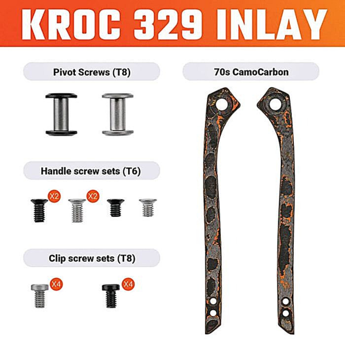 VOSW0202 Includes: (2) Pivot screws (black, gray); (2) T6 Handle screw sets (Black, Gray); (2) T8 clip screw sets (Black, Gray); (1) Pair inlays. Carbon fiber construction. Color: 70's Camo.