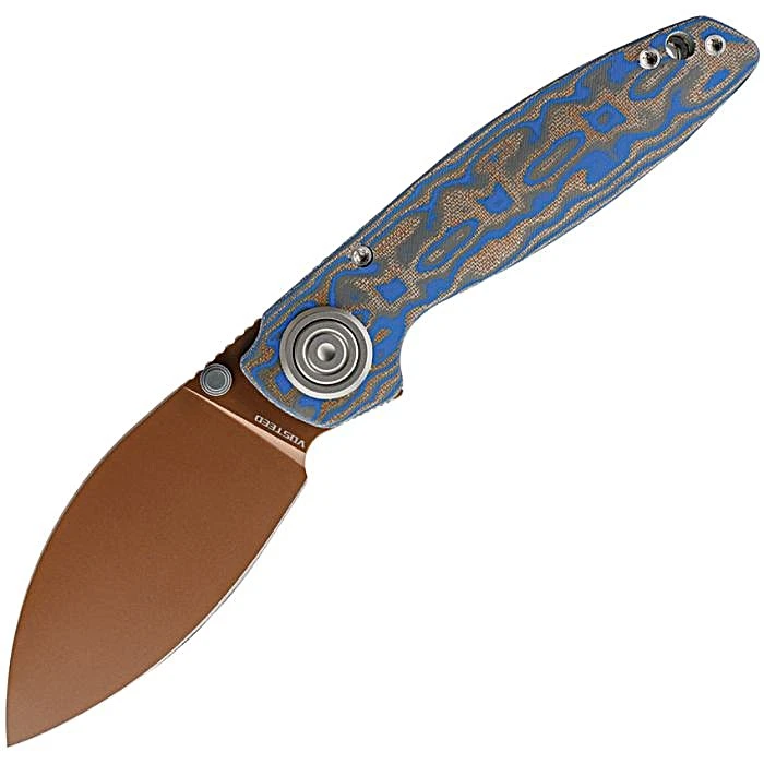 VOSA2811 4.13" (10.49cm) closed. 2.9" (7.37cm) 154CM stainless blade. Ocean blue micarta handle. Thumb stud. Lanyard hole. Pocket clip. Extended tang. Copper Dune finish blade. Black nylon zippered storage case.