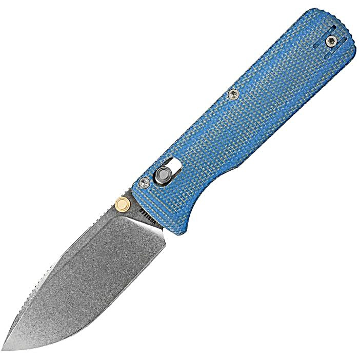 VOSA4109 3.88" (9.86cm) closed. 2.88" (7.32cm) stonewash finish 14C28N Sandvik stainless drop point blade. Blue canvas micarta handle. Thumb stud. Pocket clip. Black nylon zippered storage case.